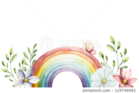 Watercolor hand drawn frame, border with rainbow. Magical clipart with Spring flowers and branches with leaves. Watercolor gerbera, chamomile, echinacea isolated on background, cartoon butterfly 129746983