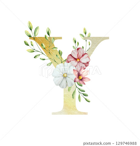 Watercolor letter Y with floral ornament and soft foliage, gerbera, chamomile, echinacea. Delicate hand drawn alphabet, butterfly and botanical elements in elegant. Transparent PNG, perfect for 129746988