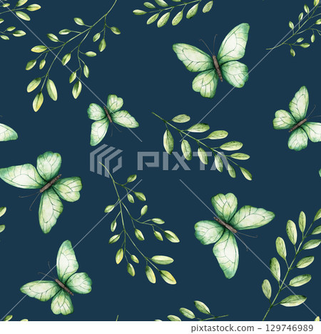 Seamless pattern with beautiful colorful butterflies and spring branches with leaves. Watercolor hand drawn insect clipart isolated on background. Botanical and wedding illustration. Baby shower 129746989