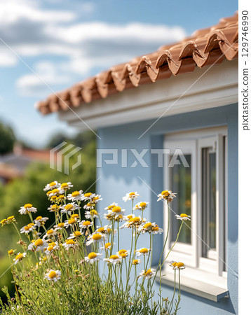 Roof tiles and blue sky with clouds and the flower garden in front. AI Generated. 129746990
