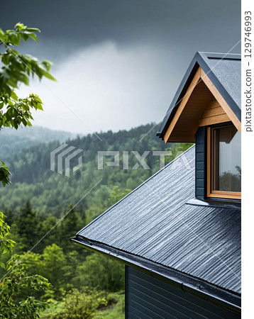 House gable under blue cloud sky. AI Generated. 129746993