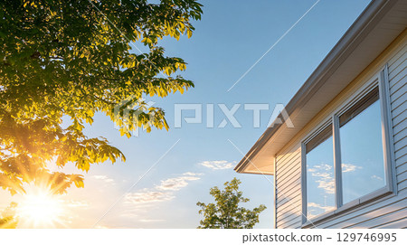 House with bright blue sky. a beautiful sunset. AI Generated. 129746995