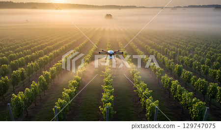 Drone spraying vineyard in misty sunrise with green grapevines and peaceful atmosphere 129747075