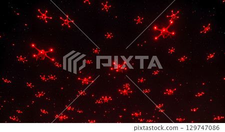 Red drone swarm flying in dark night sky with glowing lights creating futuristic scene 129747086