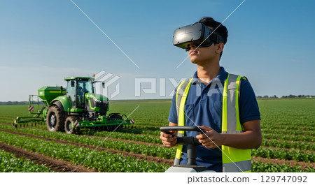 Young man wearing virtual reality headset farm field with tractor, exploring technology with Young man wearing virtual reality headset farm field with tractor, exploring technology with 129747092