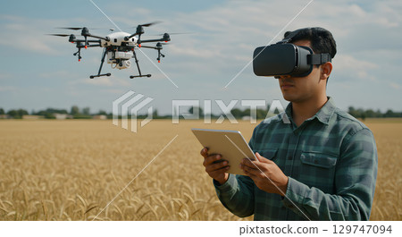 Man wearing virtual reality headset controlling drone with tablet in wheat field Man wearing virtual reality headset controlling drone with tablet in wheat field 129747094