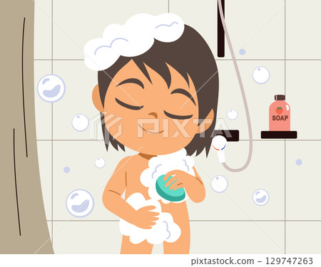 Baby Boy Taking a Shower Daily Routine Concept 129747263