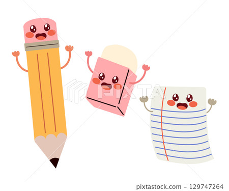 Cute Back to School Cartoon Isolated Characters Pencil, Eraser and Paper 129747264