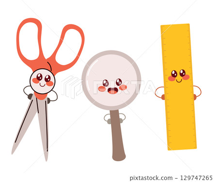 Cute Back to School Characters Scissors, Magnifying Glass, and Ruler 129747265