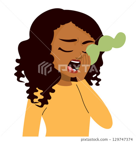 Cartoon Woman Checking Bad Breath with Green Smell Cloud Vector Illustration 129747374
