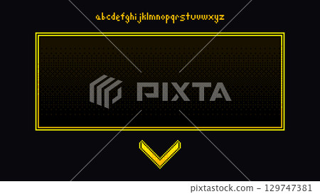 Pixel Font Alphabet with Text Frame and Down Arrow on Dark Background 129747381