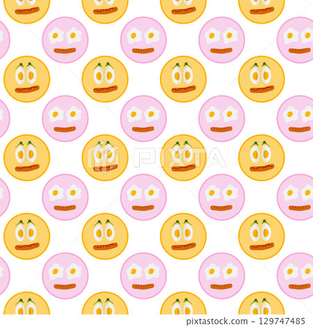 Fried and Hard Boiled Eggs Sausage on Plate like Cute Smile Face Seamless Pattern Breakfast Backdrop Fried and Hard Boiled Eggs Sausage on Plate like Cute Smile Face Seamless Pattern Breakfast Backdrop 129747485