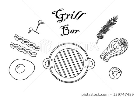 Fried Egg Bacon Strip Greens and Salmon Steak Brussels sprouts and Rosemary twig and Grill Pan Set 129747489