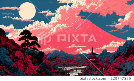 Mount Fuji and traditional Japanese landscape art 129747599