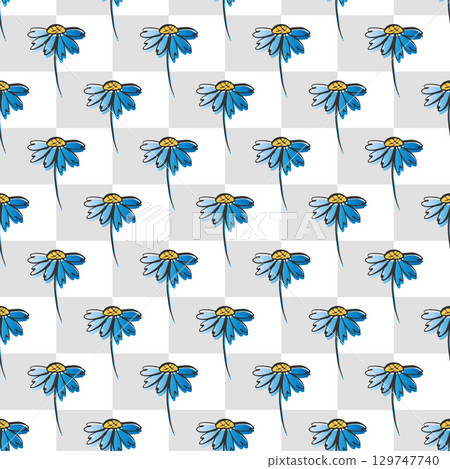 Checkered board, sketch hand drawn line camomile flower abstract seamless pattern. Classical geometrical grid design. Grey white colour palette. Graphic ornamental background. Vector illustration Checkered board, sketch hand drawn line camomile flower abstract seamless pattern. Classical geometrical grid design. Grey white colour palette. Graphic ornamental background. Vector illustration 129747740