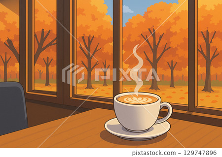 窗邊的拿鐵咖啡和秋色的街道 129747896