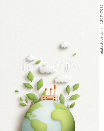 體現環境保護和永續性的地球和工廠城市的概念藝術 129747982