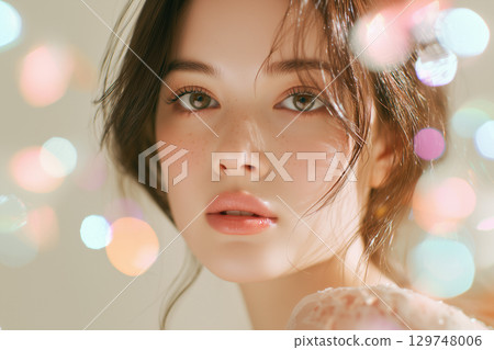 美麗的女人肖像與閃光散景背景 129748006