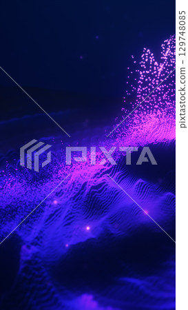 Abstract purple data wave made of glowing particles and flowing grid structures on a dark background 129748085