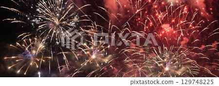 Banner Red Firework celebrate anniversary happy new year 2024 4th of july holiday festival. Banner red firework night time celebrate national holiday. Countdown new year 2025 festival with copy space Banner Red Firework celebrate anniversary happy new year 2024 4th of july holiday festival. Banner red firework night time celebrate national holiday. Countdown new year 2025 festival with copy space 129748225