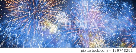 Banner blue Firework celebrate anniversary happy new year 2024, 4th of july holiday festival. Banner blue firework night celebrate national holiday. Countdown new year 2025 festival with copy space 129748291