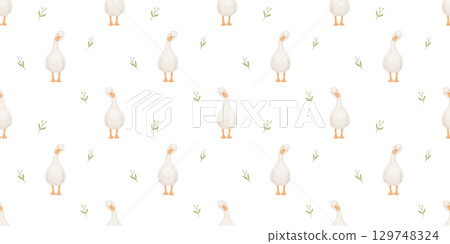 Seamless watercolor pattern with cute goose on white background, baby animal and flowers, hand drawn repeating backdrop for children 129748324