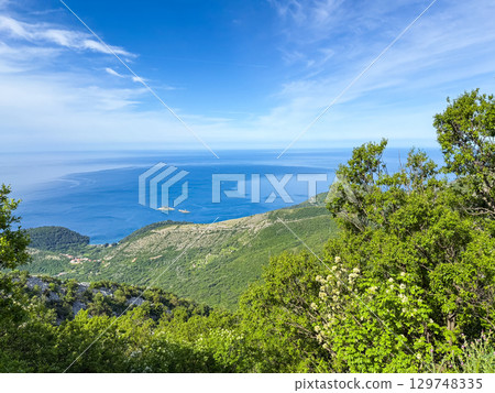 View of Adriatic Sea from green mountain slope with distant islands on the horizon. Coastal tranquility, Mediterranean landscape, and serene natural beauty. 129748335