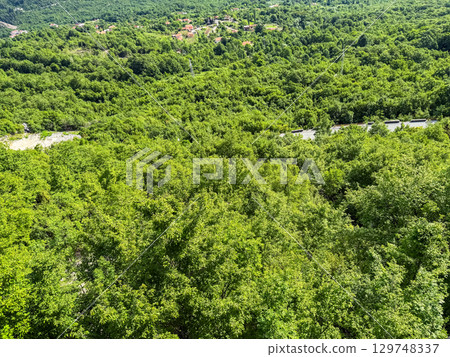 Gravel road winding through lush mountain forest with rocky peaks on the horizon. Adventure, exploration, and peaceful remoteness in wild Montenegro. 129748337