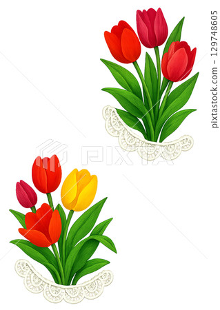 色彩艷麗的鬱金香和蕾絲背景透明角框 129748605