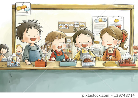 孩子們在食品攤上賣糖果 孩子們在食品攤上賣糖果 129748714