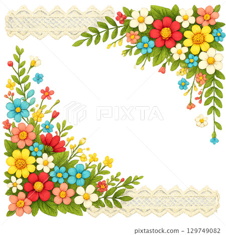 A gorgeous corner frame decorated with lace and colorful small flowers 129749082