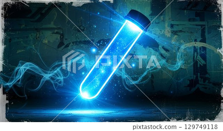 Vibrant glowing test tube with swirling particles set against a dark laboratory backdrop 129749118