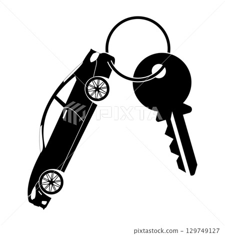 Car and Key Silhouette Vector Illustration. A car connected to a key ring with a large key. The creative design symbolizes driving, security, ownership, access and transportation. Car and Key Silhouette Vector Illustration. A car connected to a key ring with a large key. The creative design symbolizes driving, security, ownership, access and transportation. 129749127