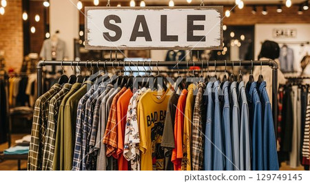 Clothing sale display featuring various shirts in retail store with bright lighting and inviting atmosphere 129749145