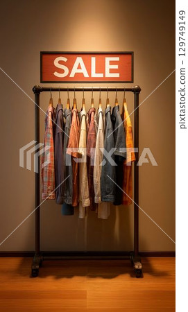 Colorful clothing rack displaying sale items in a modern store interior during daylight hours Colorful clothing rack displaying sale items in a modern store interior during daylight hours 129749149