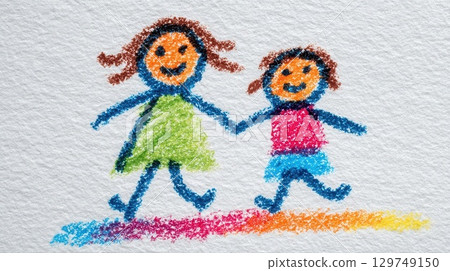 一幅色彩鮮豔的畫,畫中母子手牽手,就像孩子用蠟筆畫的一樣 一幅色彩鮮豔的畫,畫中母子手牽手,就像孩子用蠟筆畫的一樣 129749150