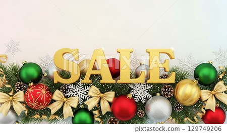 Holiday sale decorations featuring colorful ornaments and festive greenery for seasonal promotions 129749206
