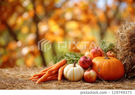 Ripe fresh vegetables and fruits lie in a heap in the garden against a blurred autumn background of leaves. Carrots, apples and pumpkin on straw. 129749373