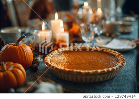 A magnificent pumpkin pie on a festively served table. Thanksgiving, a traditional dish at a family dinner. 129749414