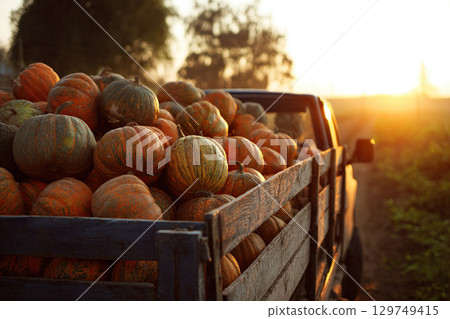 Truck bed full of ripe pumpkins on country road at sunset. Pumpkin harvest in truck. Truck bed full of ripe pumpkins on country road at sunset. Pumpkin harvest in truck. 129749415