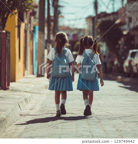 Two primary school girls in blue school skirts with backpacks on their backs walking on their way to school, rear view. 129749442