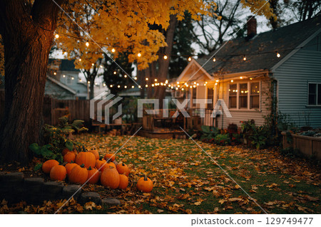 Cozy backyard of the house with autumn decorations for Thanksgiving. Garden with pumpkins in the fall yard. Yard with garlands of retro light bulbs. Halloween. 129749477