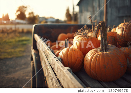 Ripe orange pumpkins loaded into the wooden bed of a truck. Autumn harvest on a farm. Organic, environmentally friendly home-made products. 129749478