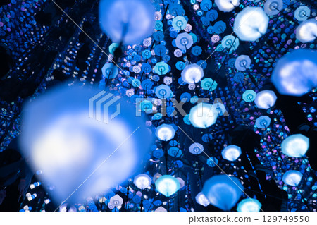 Glowing blue and white lights create a captivating spectacle, evoking a sense of wonder and tranquility Glowing blue and white lights create a captivating spectacle, evoking a sense of wonder and tranquility 129749550