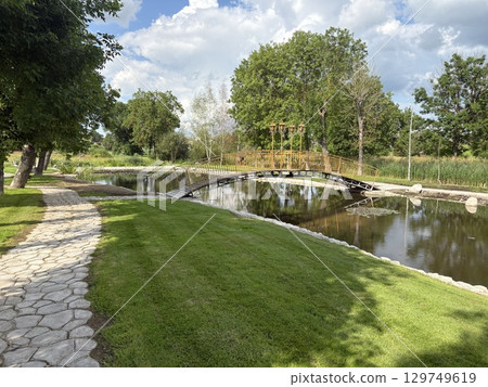 Tiled path along a thick lawn, pond and decorative pine trees. Pine trees are trimmed. Tiled path along a thick lawn, pond and decorative pine trees. Pine trees are trimmed. 129749619