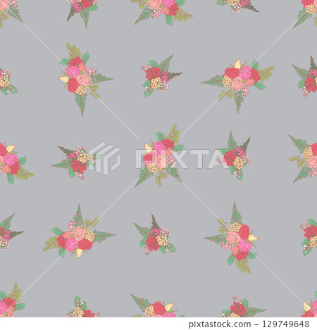 Vintage line art pink rose sprigs seamless pattern with gray backdrop. Romantic floral composition repeat background 129749648