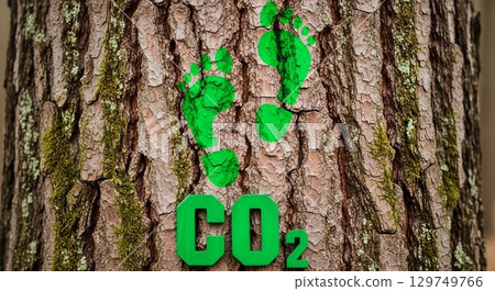 Footprints on a tree trunk symbolize carbon footprint awareness in an eco-friendly setting 129749766