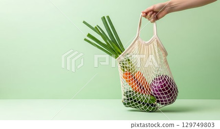 Person holds a reusable bag filled with fresh vegetables against a soft green background in a kitchen setting 129749803