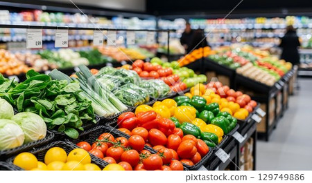 Fresh vegetables and fruits displayed in a modern grocery store during daytime shopping hours 129749886