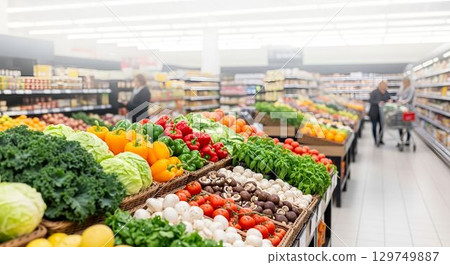 Grocery store interior showcasing fresh produce and customers shopping during the day 129749887